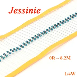 100PCS 1/4W Metal Film Resistor Resistance 1% 0R 1R 1K 2K 2R 5R 5K 1.2K 2.2K 82R 82K 820R 8.2M 8.2K 680K 6.2K 56K 39R 5.1K Ohm