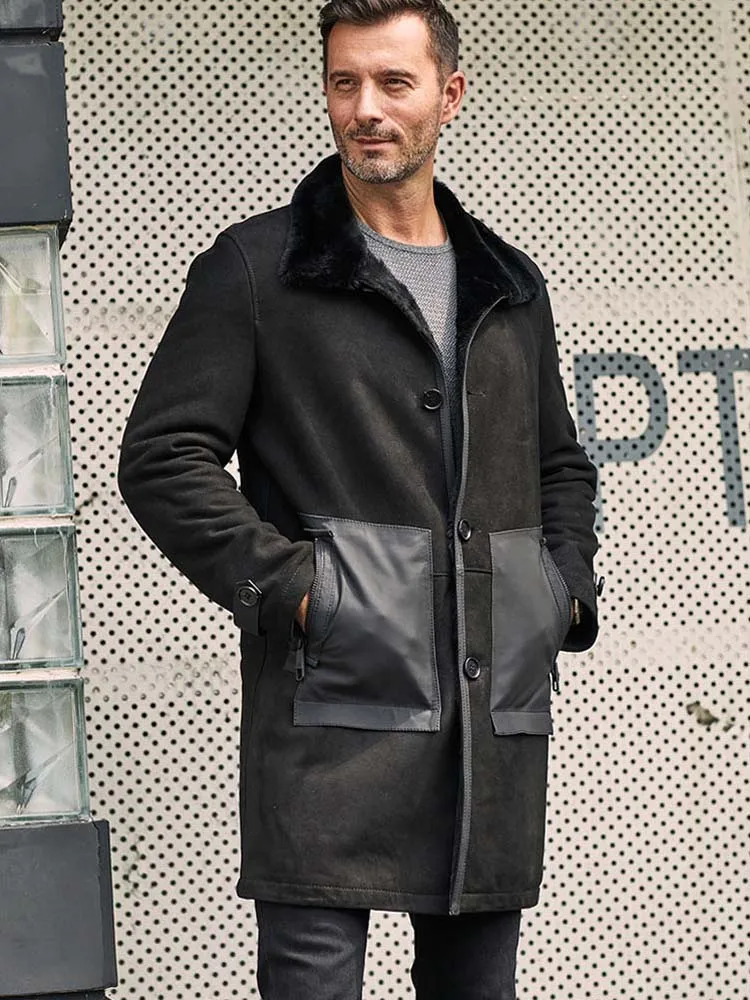 Denny&Dora New Shearling Coat Mens Long Fur Overcoat Black Leather Jacket Mens Winter Casual Outwear