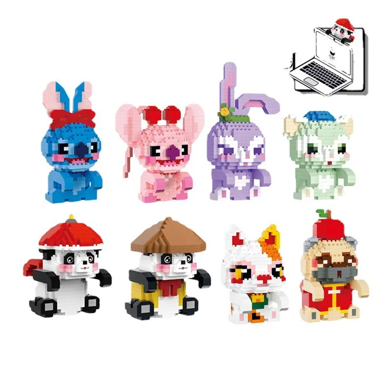 Creative Panda Pendant Micro Building Blocks Stitch StellaLou Fortune Cat Angel Ornaments Mini Brick Figrue Toys For Office Decr