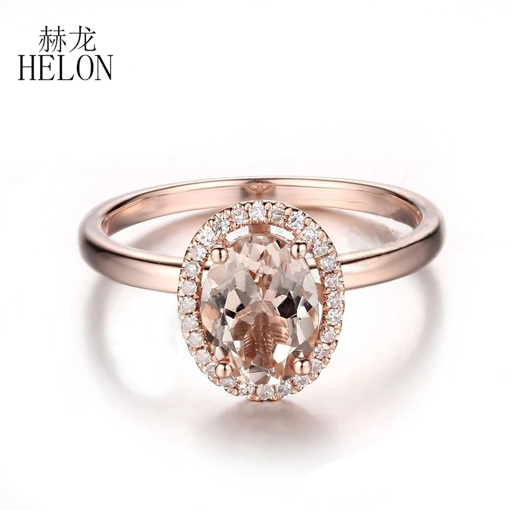 

HELON Solid 18K Rose Gold AU750 Flawless Oval 8x6mm Natural Morganite Diamonds Engagement Wedding Ring Women Trendy Fine Jewelry