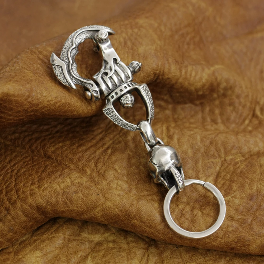 925 Sterling Silver Huge Skull KeyRing Mens Biker Punk Keychain 8J035