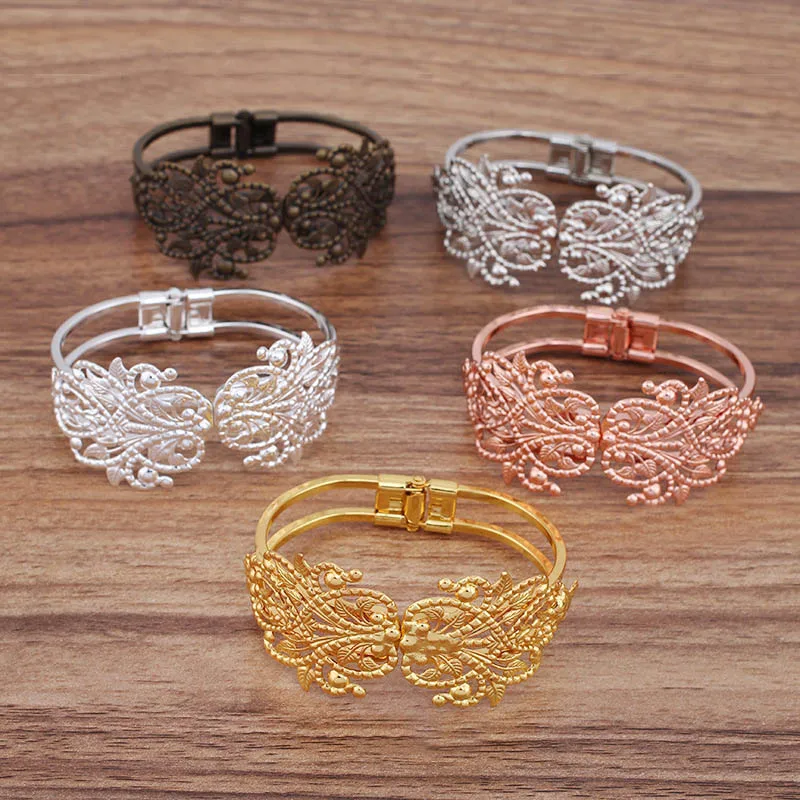 4pcs Ladies Bangle Bracelet with Big Filigree Flower Bases Punk Open cuff Bracelet Settings Hip Hop Bangle for Women Men Jewelry