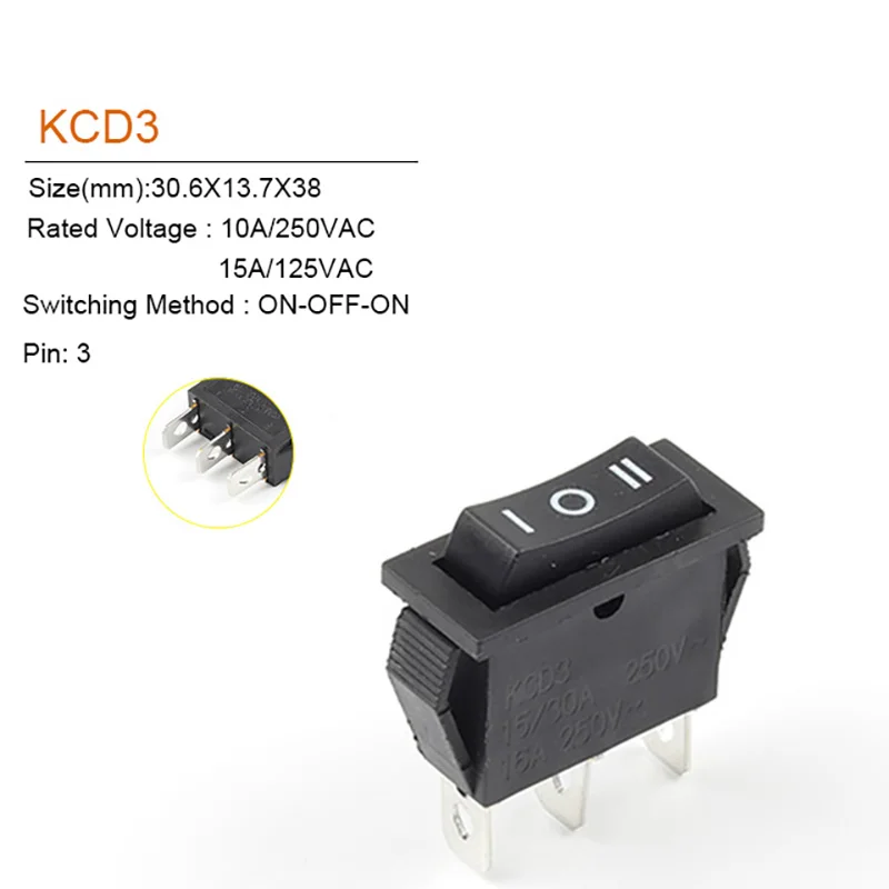 5/10PCS 2/3Pin KCD3 Power Switch 10A 250V AC 15A 125V AC ON-OFF-ON 2/3 Position Electrical Equipment Switch  With Light