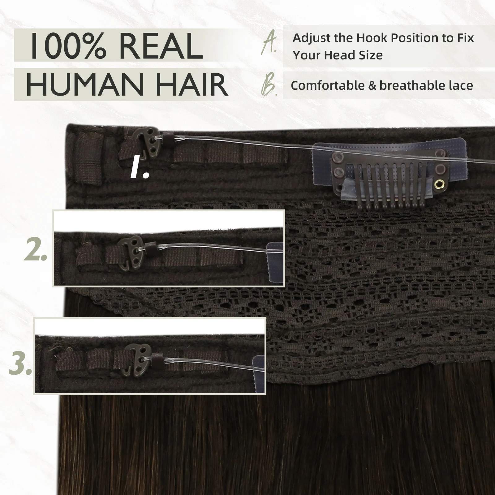 VeSunny Fish Wire Hair Extensions Natural Human Hair Brown Machine OnePiece Hair Extension Invisible Fishing Wire with 2 Clips