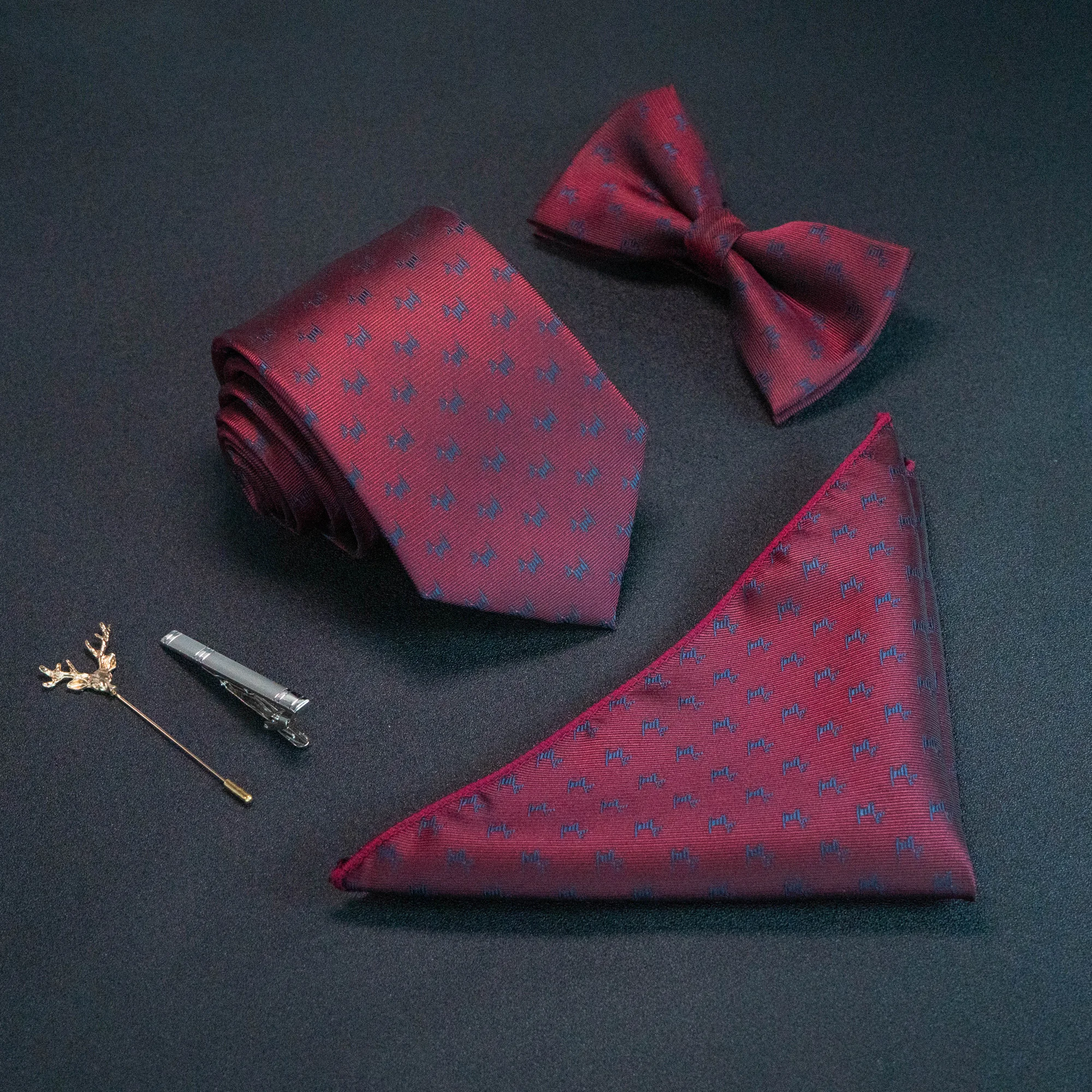 8 cm Red Men\'s Silk Tie Handkerchief Bow Tie Set Jacquard Weaving Necktie  Dinosaur Fox Plane Dog Birthday Gift Wedding Party