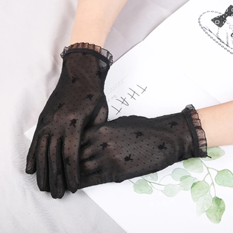 Summer Women Short Sunscreen Thin Ice Silk Driving Black Full Finger Sexy Lace Gloves UV Elasticity Rabbit Lace Cycling Slip D82