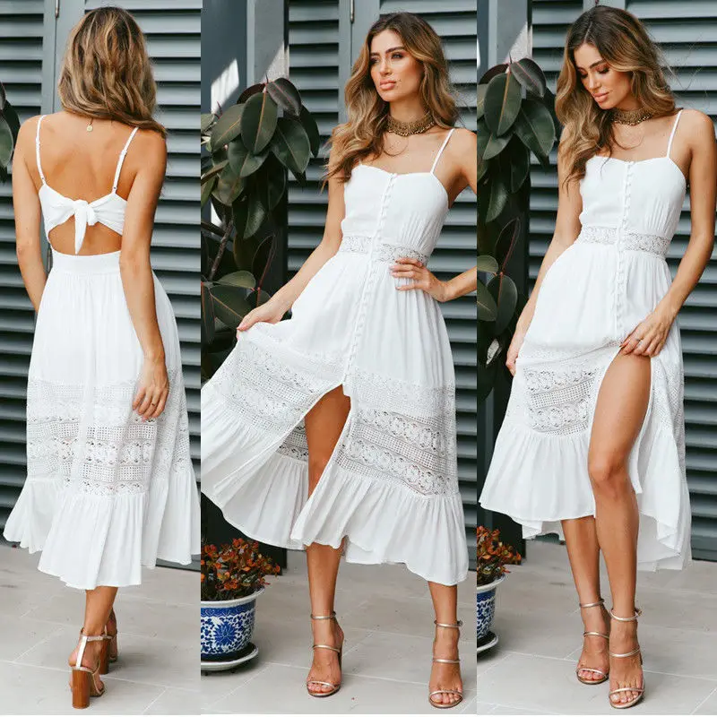 

Sexy Halter strap hollow lace Single-breasted Lace-up Dress Women Summer Party Gown