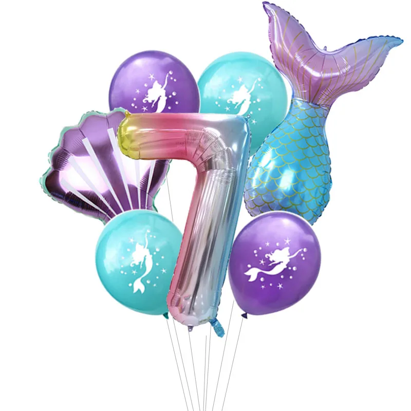 7 teile/los Regenbogen Anzahl Folien Ballons Meerjungfrau Latex Ballon Meerjungfrau Schwanz Globos Geburtstag Party Dekorationen Jahrestag Dekor – Detail 7