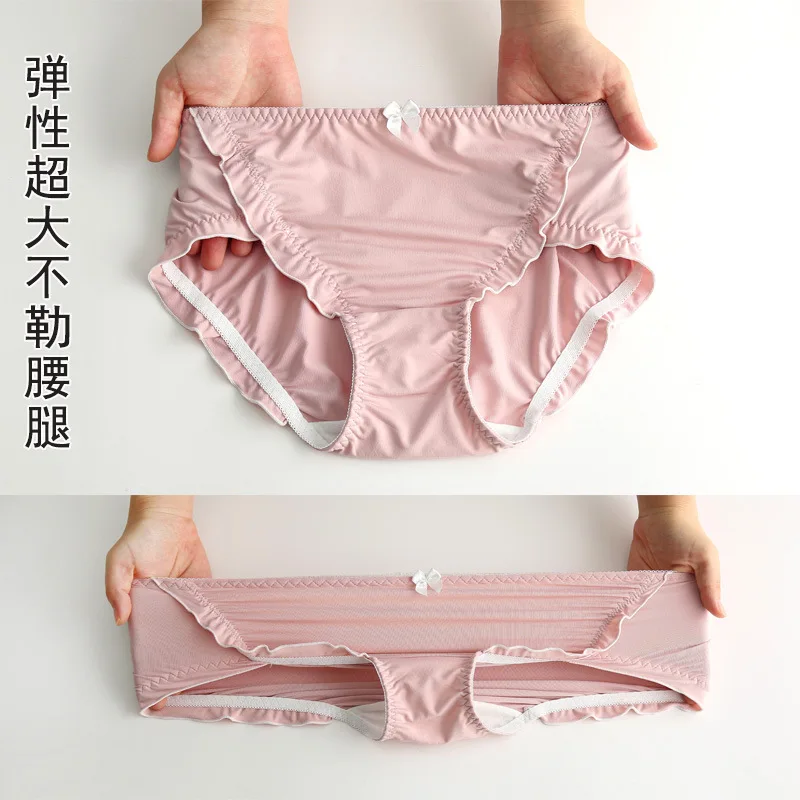 Oversized Lingerie Women's Bow Satin Panties Solid Elastic Breathable Underpants Slip Silk Sexy Ruffle Female Underwear 2XL 3XL