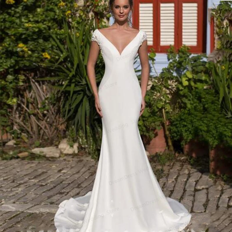 Sexy Mermaid Wedding Dress V-hals Backelss Sweep Trein Hoge Kwaliteit Robe De Mariage Voor Vrouwen Bruidsjurk Korte Mouwen Custom