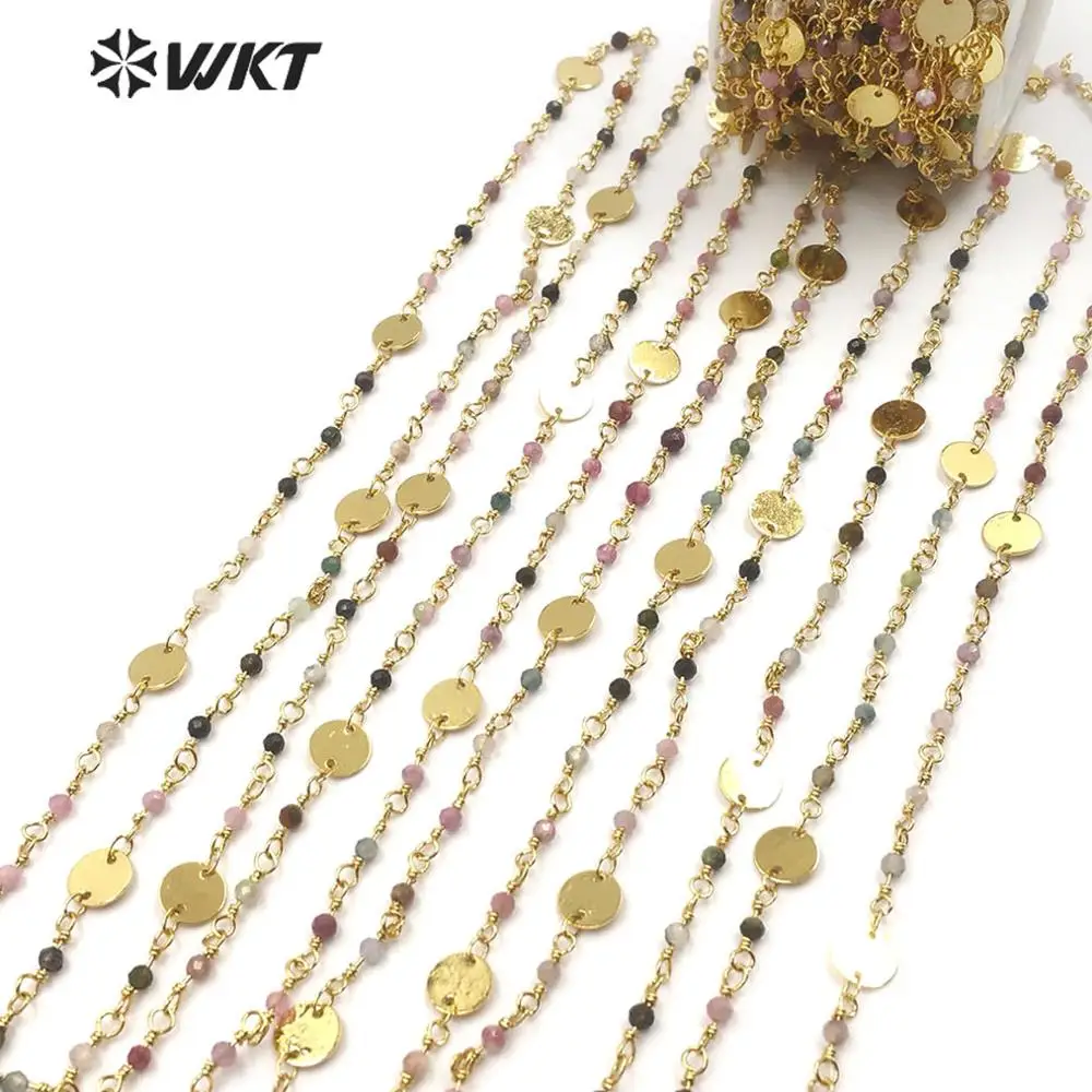 WT-RBC144 rainbow tourmaline stone beads chain with Gold Electroplated brass chain Rosary Chain 10 meters For Jewelry Making