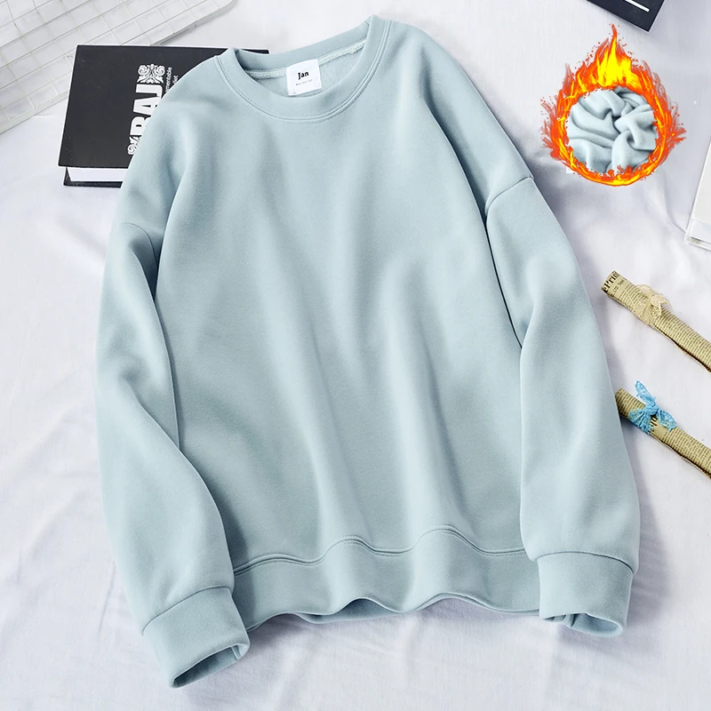 

Trendy Solid Sweatshirts New Spring Autumn Women Long Sleeve O Neck Pullovers Oversize Woollen Liner Warm Loose Tops