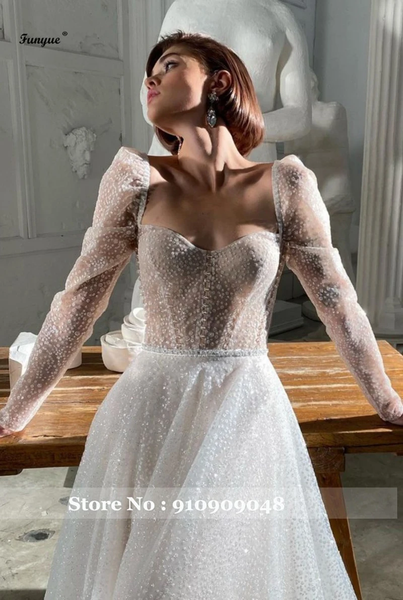 

Robe De Mariée Princess Long Sleeve Wedding Dress Sweetheart A-Line Sparkling Sequin Beach Bride Bridal Gowns Vestidos De Novia