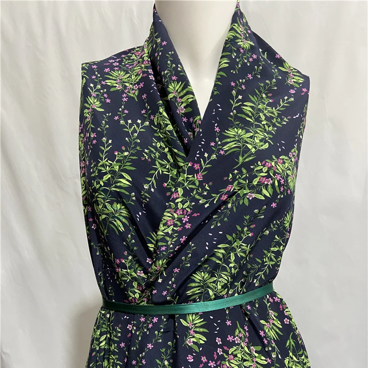 Pure silk crepe de chine fabric green leaves and floral print on navy blue bottom,SCDC1231