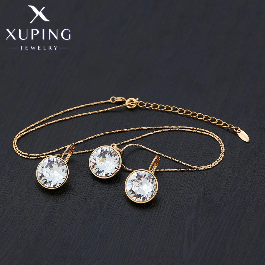 Xuping Jewelry Charm Promotion Crystal Gold Plated Round Stone Shiny Jewellry Set with Necklace and Earring for Women Girl Gift