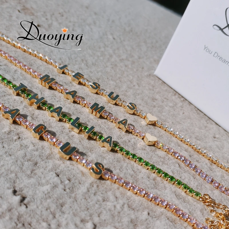 Duoying New Personalized Custom Letters Tennis Chain Bracelet Colorful Zircon Name Bracelet Women Exquisite Gift