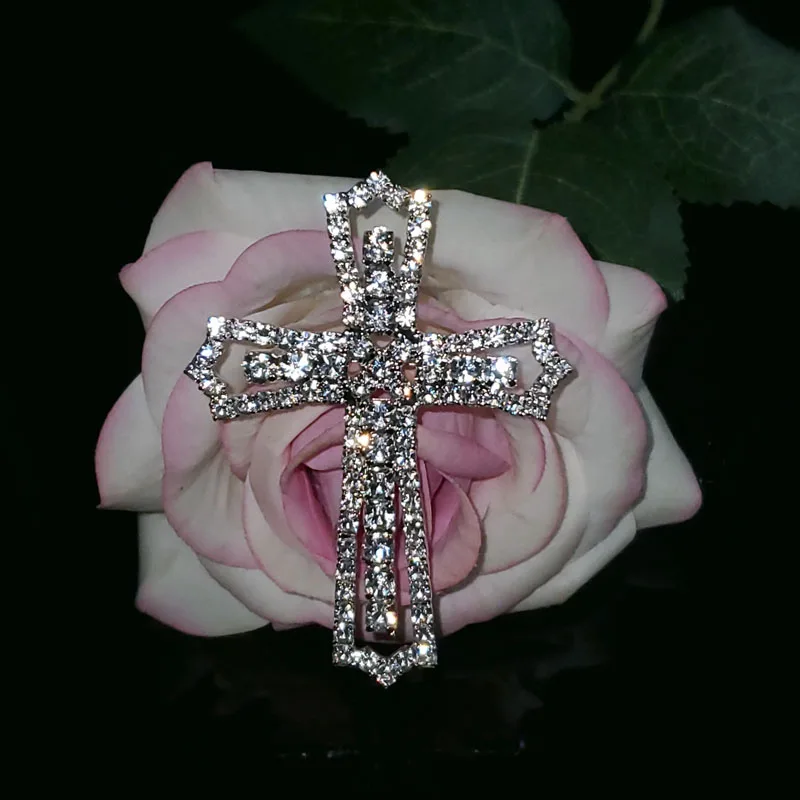 Crystal Handmade Cross Lapel Pin in Sliver Tone Rhinestone Jewelry&Accessories Christian Religion Gift