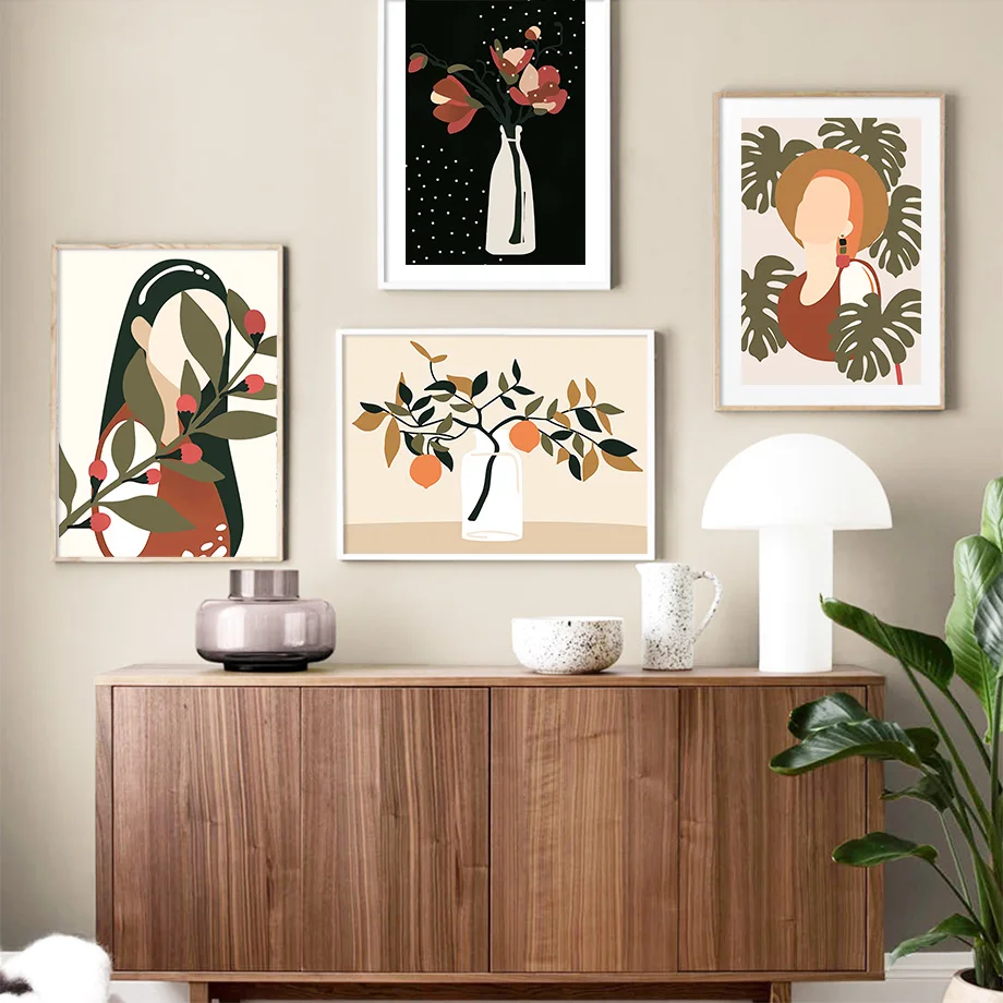 Abstract Girl Orange Leaf Flower Vintage Wall Art Canvas Painting Nordic Posters And Prints Wall Pictures For Living Room Decor