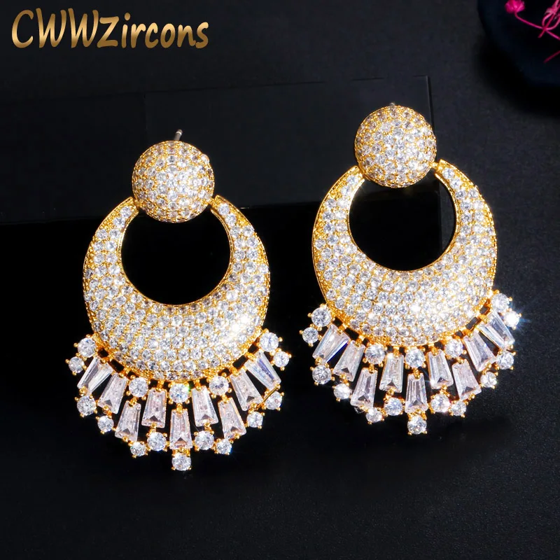 CWWZircons Luxury Long Big Drop Cubic Zirconia Women Wedding Engagement Party Indian Gold Plated Earrings Costume Jewelry CZ723