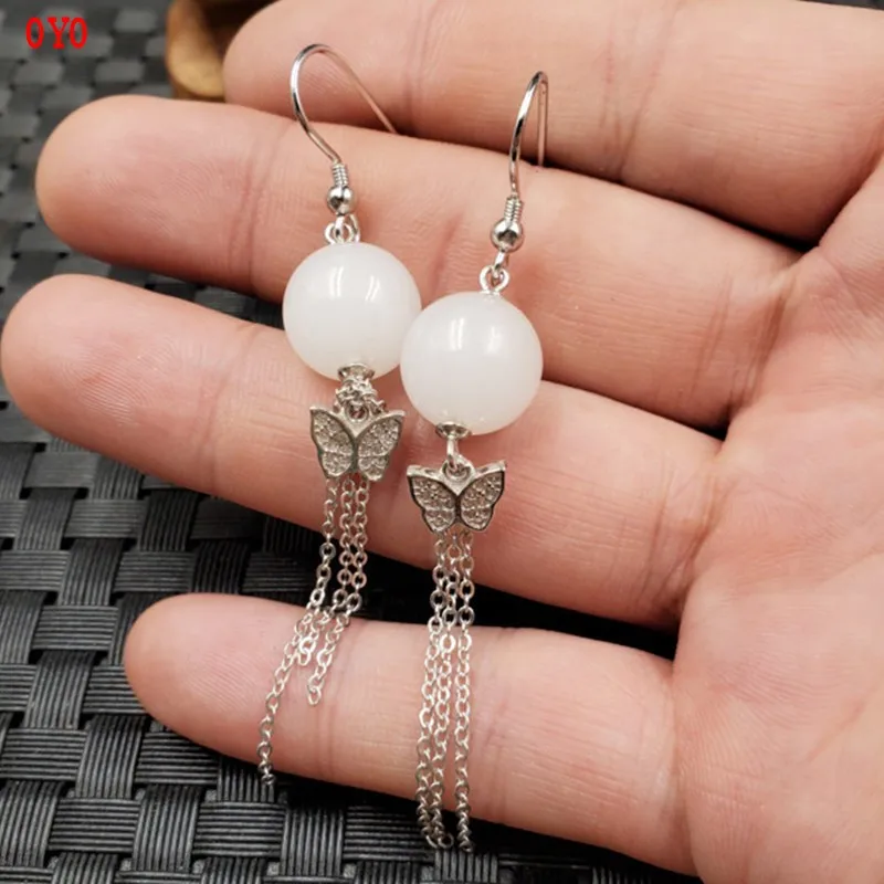 

925 Silver White Jade Round Bead Earrings