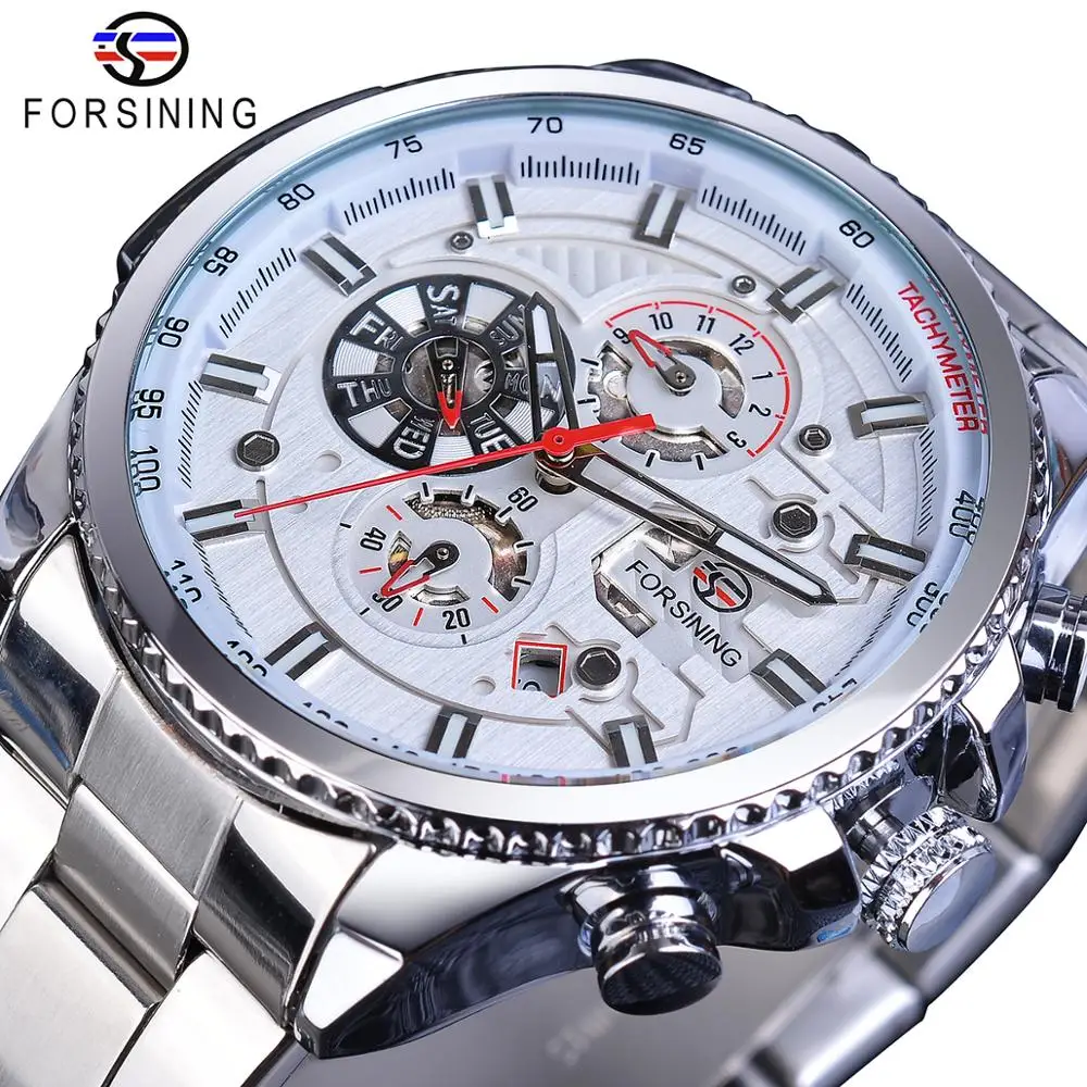 

Forsining Men Fashion Mechanical Watch White Automatic 3 Sub Dial Multifunction Calendar Full Stainless Steel Belts Montre Homme