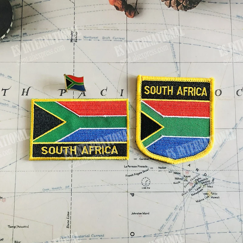 Parches bordados de bandera nacional de Sudáfrica, insignia de escudo y Pin de forma cuadrada, conjunto en la tela, brazalete, decoración de mochila