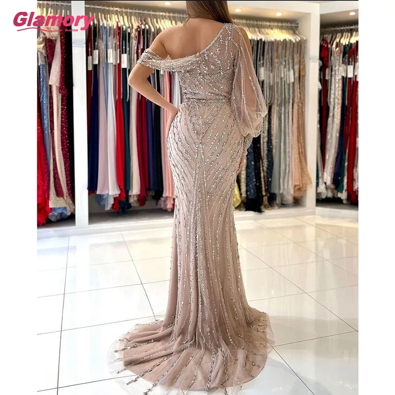 Neue Ankunft Eine Schulter Sparkle Perlen Meerjungfrau Abendkleid Sexy Split Lange Prom Kleid