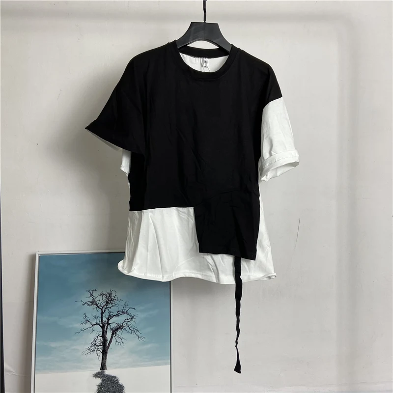 Men's Short Sleeve T-Shirt Summer New Double Color Round Collar Fashion Large Size Personality Stitching False Two t-Shirts