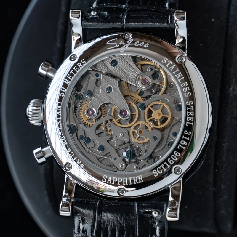 Sugess Chronograph ST1908 Movement Vintage Leather Watch Hand Winding Mechanical 59 Wheels Genuine Moonphase Calendar