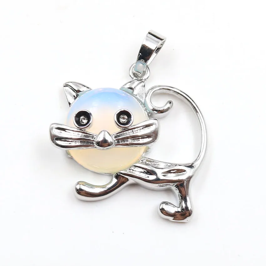 Opalite Opal Silver Plated Cute Cat Shape Pendant for Gift Malachite Stone Animal Jewelry