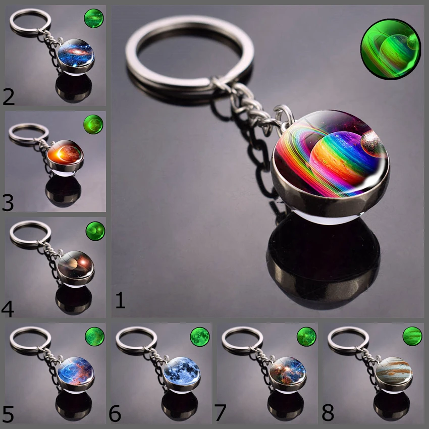 Glowing Earth Solar Eclipse Keychain Luminous Double Side Glass Ball Pendant Outer Space Jewelry Gift Galaxy Sun Keyrings