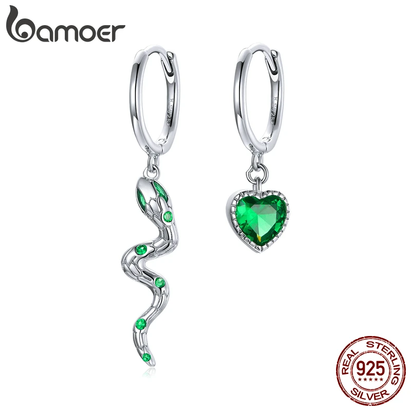 bamoer Silver Snake Love  Earring Real 925 Sterling Silver Green Heart CZ Hoop Earrings For Women Wedding Fine Jewelry SCE1006