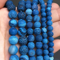 Frosted Dark Blue Cracked Dream Fire Dragon Veins Agates Beads Natural Loose Bead For Jewelry Making DIY Bracelet Accessories