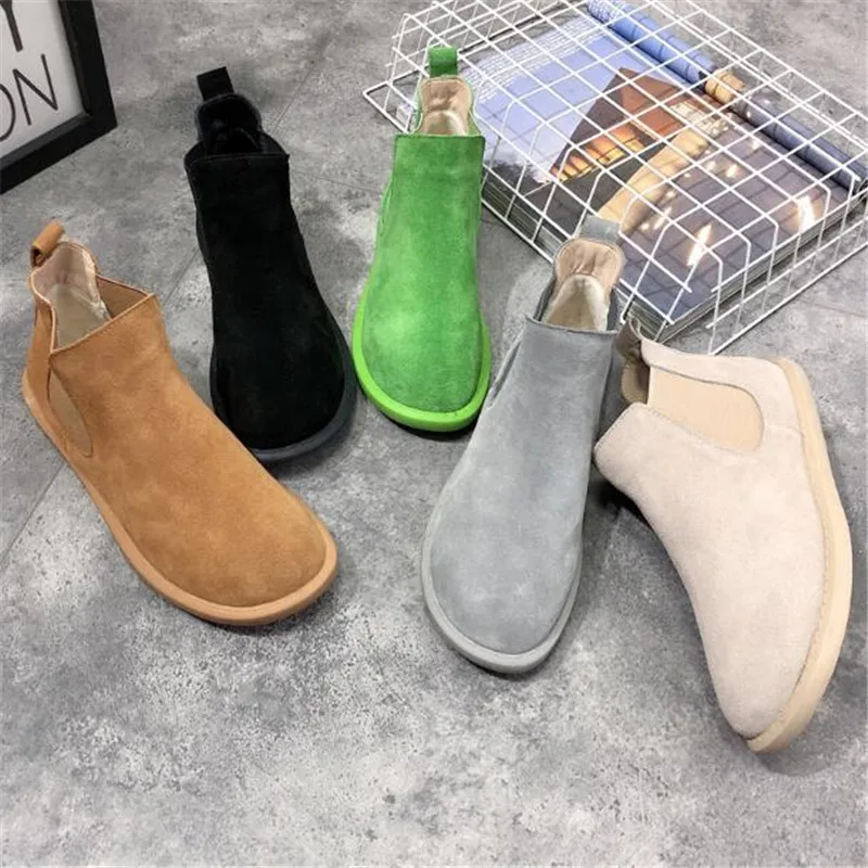 Retro Women\'s Shoes Female Cow Suede Leather Matte Flat Heels Casual Chelsea Ankle Boots Candy Colors Preppy Style Boots