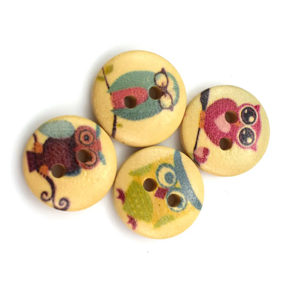 15MM Mixed Owls New Printed Round Wooden Button 2 Holes Mixed Wood Buttons Sewing Accessories for Clothing Decoration DIY