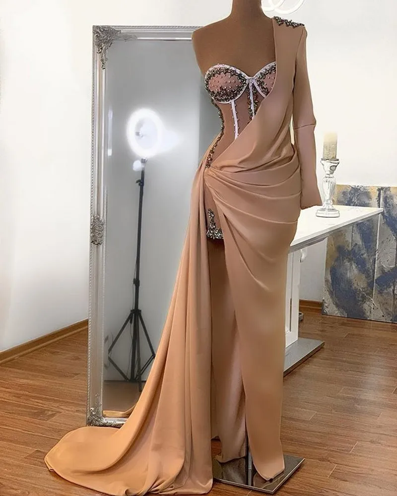 Trendy 2 Pieces Crystal Beaded Short Prom Party Dresses Elegant One Shoulder Long Sleeves Evening Gown Custom Made Fashion Party