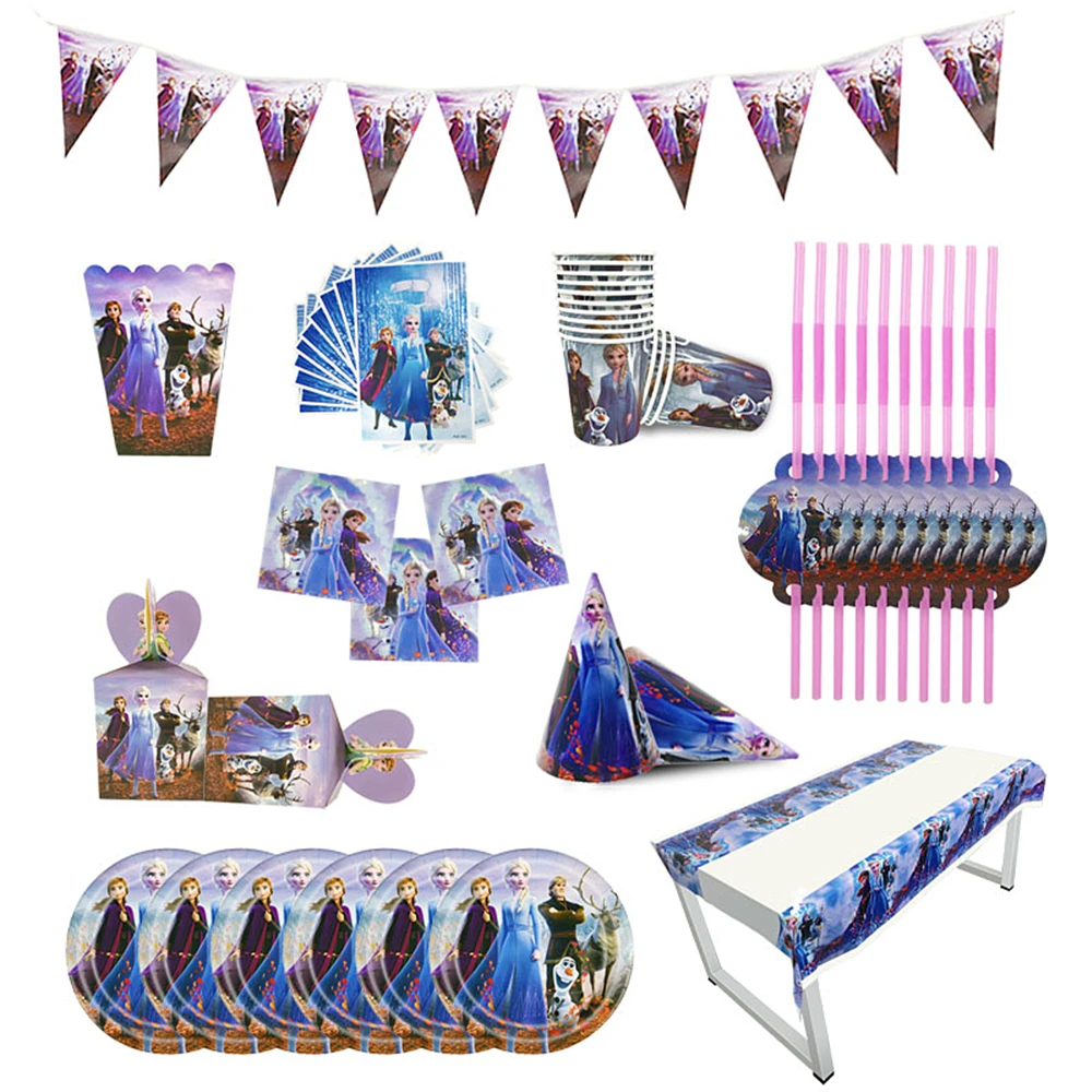 Disney Elsa Anna Frozen 2 Party Supplies Paper Cup Plates Straws Caps Kids Girls Frozen2 Birthday Party Decorations Sets