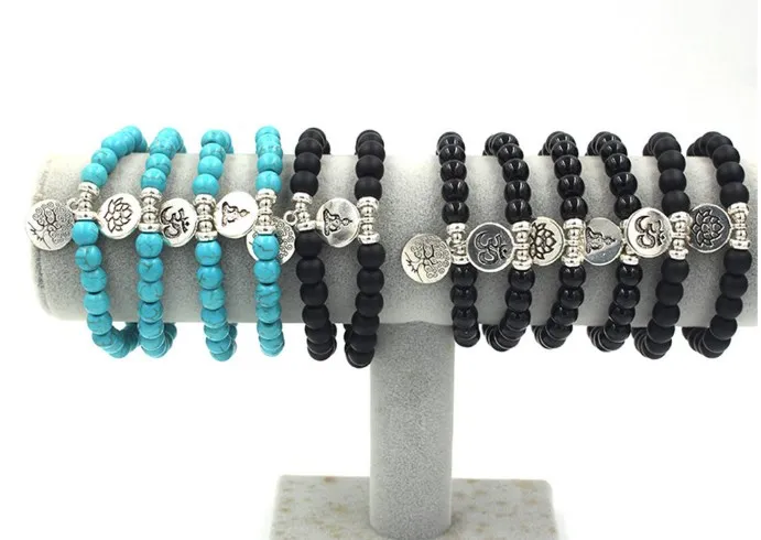 8mm jj5 elastic adjusted nature stone Frosted agate Onyx black volcanic lava turquoise Lotus life tree Buddha Bracelet