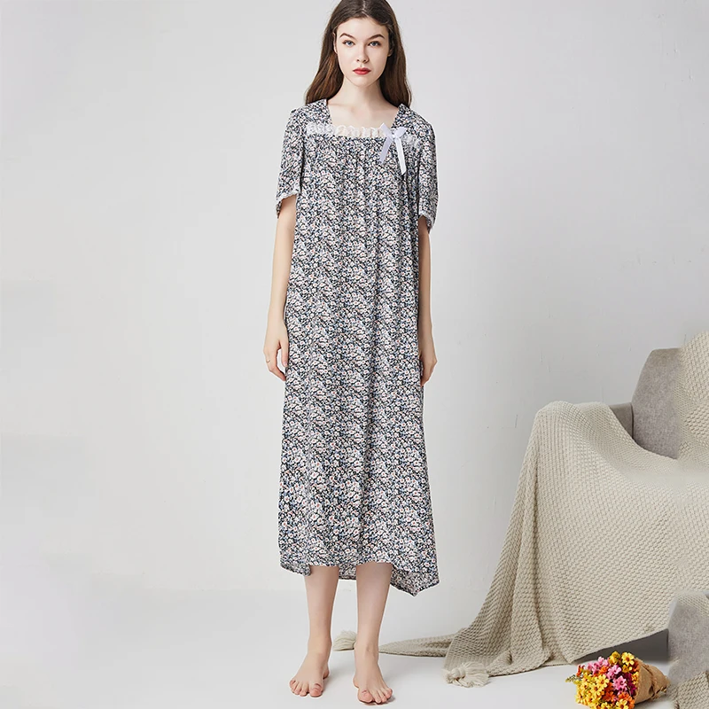 New Summer Womens Nightdress Cotton Lace Short Sleeve Floral Printed Sleepdress Casual Home Clothing for Women Spring Nightgown