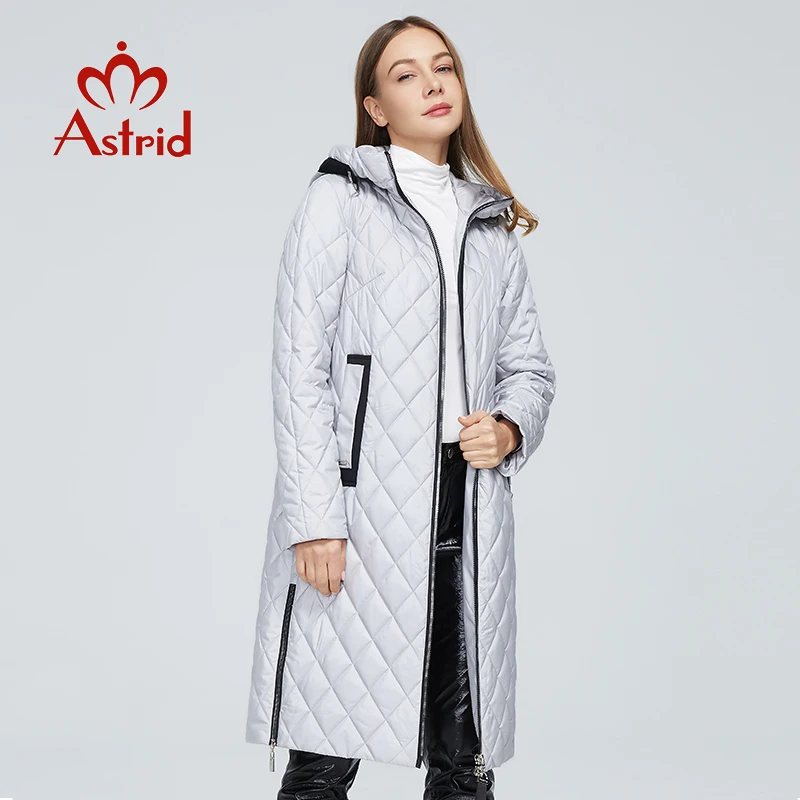 Astrid 2022 Women\'s Spring Autumn Jacket Hooded Zipper Pocket Warm Solid Lattice Fashion Long Coat Women Parkas Outerwear M-8745