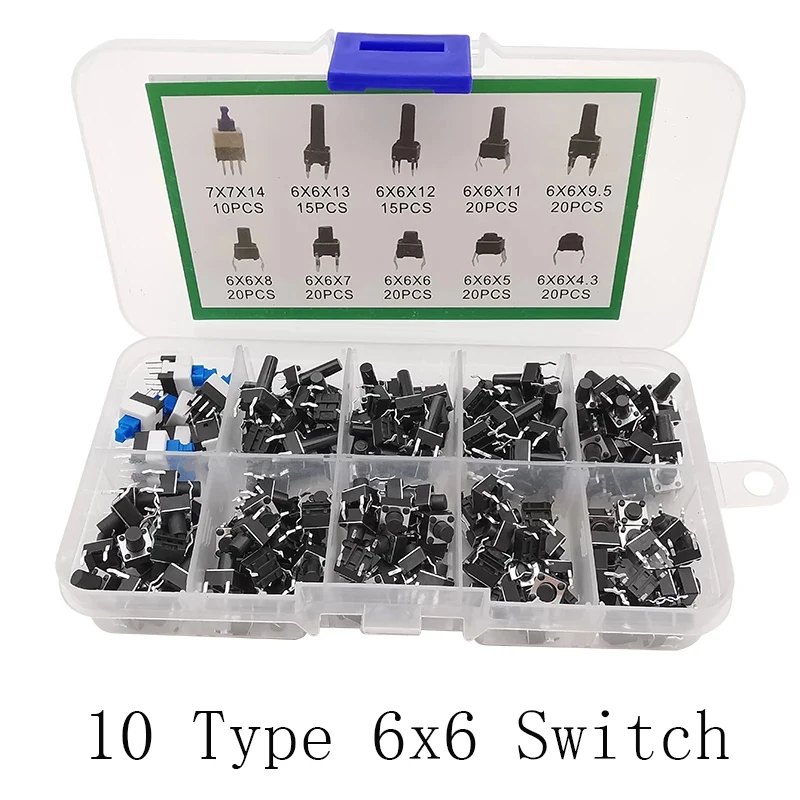 180Pcs/Box 6x6 Micro Touch Switch 10 Type Tact ON/OFF Tact Push Button Switches Assortment Kit DIY Tool Accessories