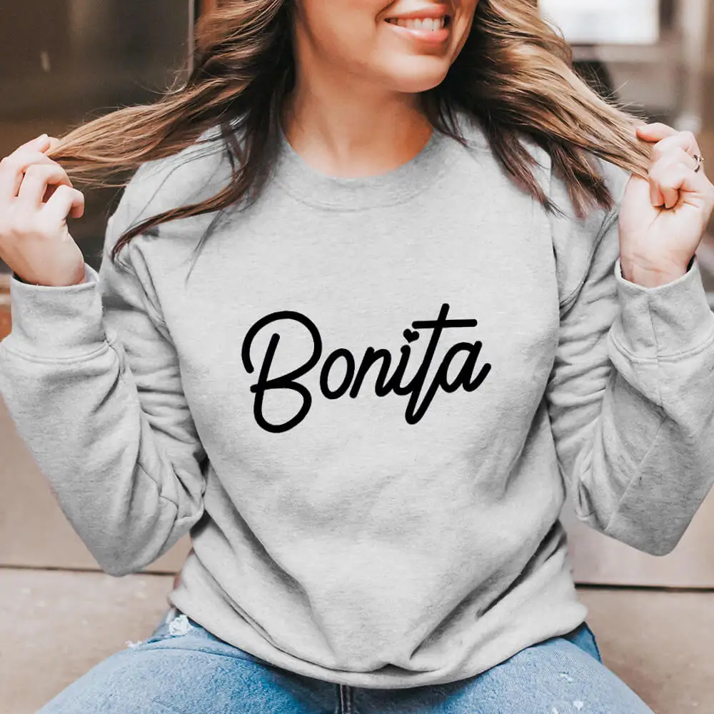 

Bonita Spanish Printed 100%Cotton Women's Sweatshirts Latina Gifts Morena Casual O-Neck Long Sleeve Tops Chula Sweatshirt