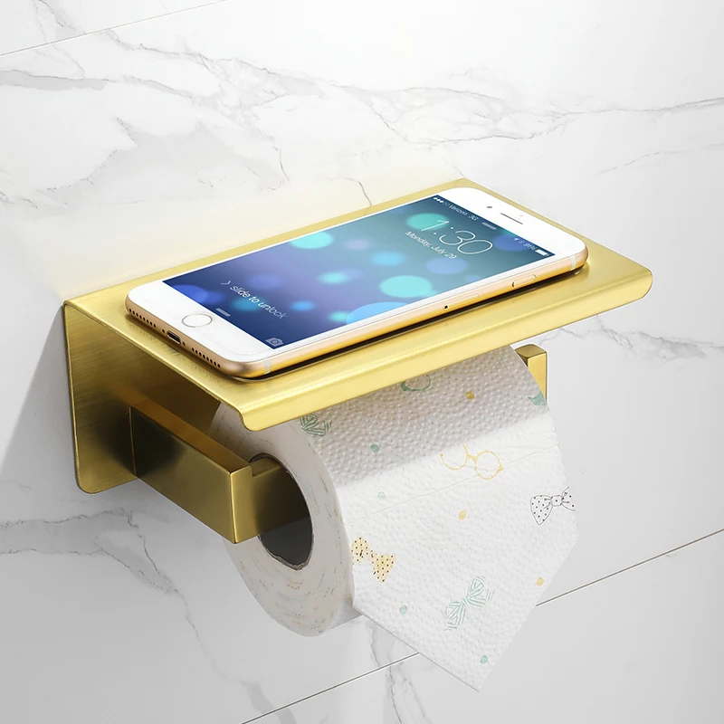 

Brushed Gold Toilet Paper Holder Stainless Steel Durable Wall Mounted Roll Organizer Towel Rack Bathroom Tissue Holder