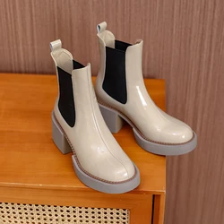 Fashion Cow Leather Women's Ankle Boots Casual Square Heels Office Lady Chelsea Boots Thick Bottom Non-slip Slip-On Woman Shoes