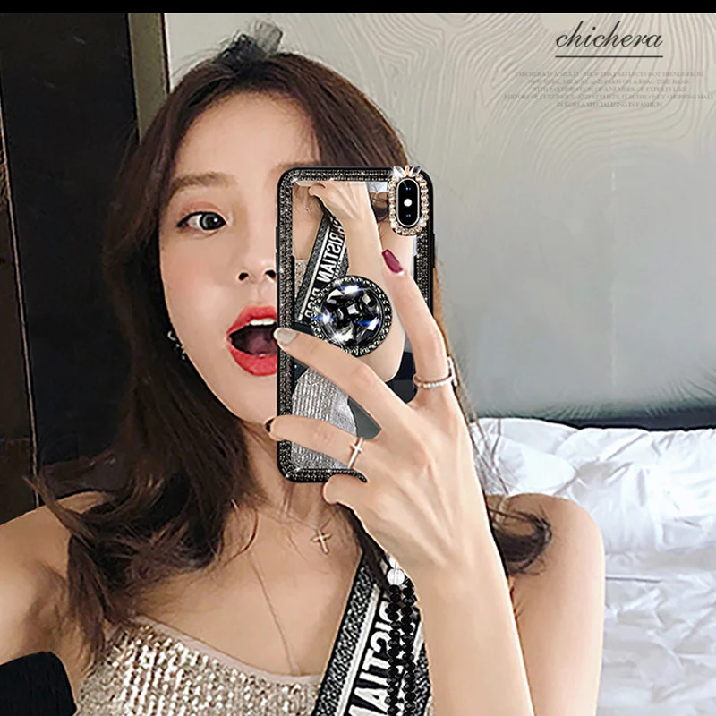 Mirror Rhinestone Makeup Women Case For iPhone 16 15 14 13 XR Xs Plus 12 11 Pro Max Case Glitter Bling Diamond Ring Holder Strap