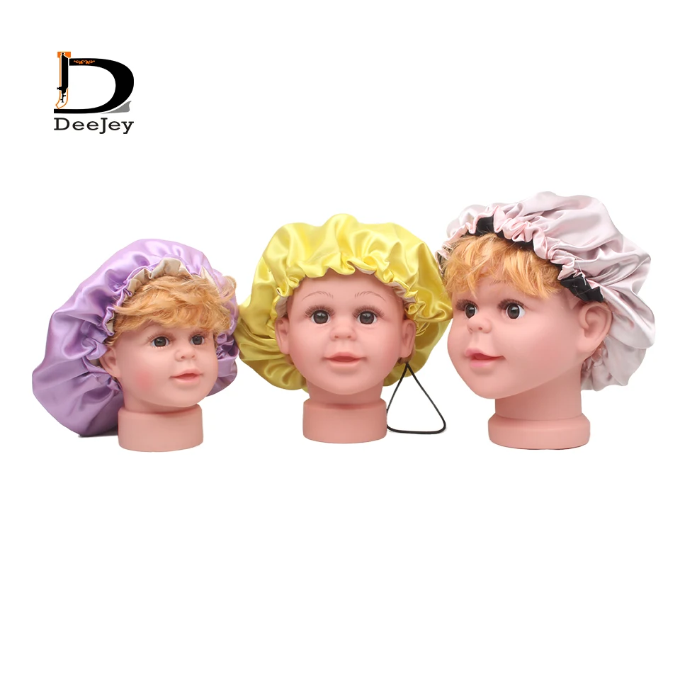 Custom brand printed polyester kids satin bonnets caring hair sleep caps 2 layer Silky Feeling night cap 20pc lot