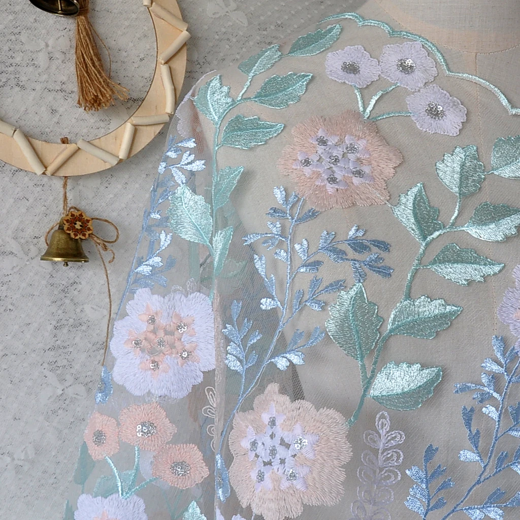 Apricot flowers leaves sequins lace fabric color mesh embroidery fabric clothing, wedding dresses, dress cloth
