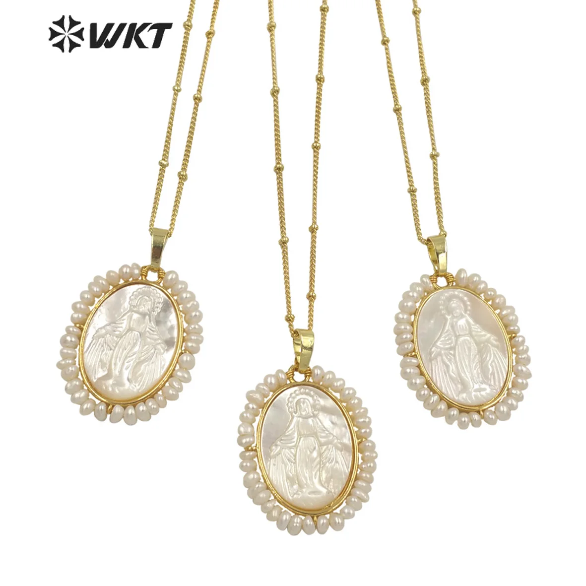 

WT-JN156 Wholesales 18 inch long white pearl wire wrapped Virgin Mary shell necklace Oval shape Mother of God religious necklace