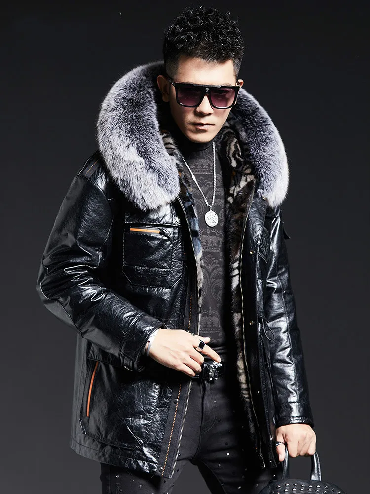 

New Parka Mens Youth Genuine Leather Clothes male Mink Fur Liner Cowhide Leather Coat Thick