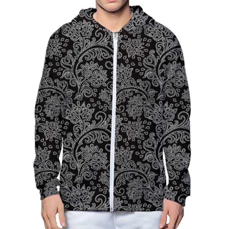 

LCFA Brand Fashion Autumn Hoodies Black flower pattern 3D All Over Printed Mens Sweatshirt Unisex Zip Pullover Casual Jacket